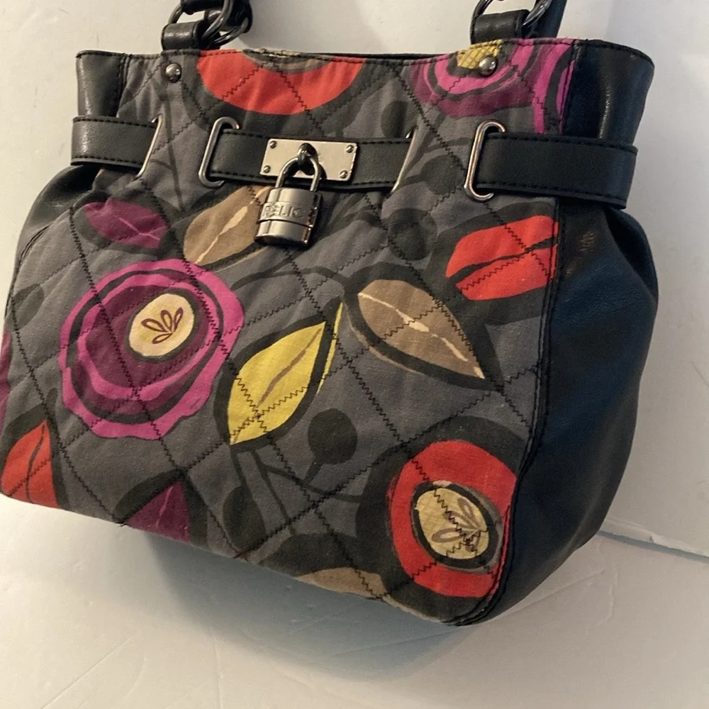 Relic Quilted Shoulder Bag purse Black Multicolor Floral purple interior - Picture 3 of 13